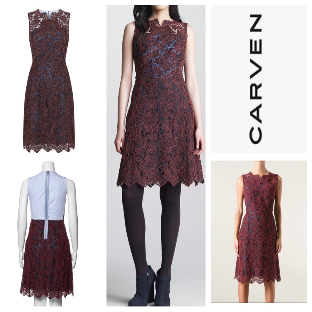 Carven Burgundy Bordeaux Oxford Back Lace Midi Dress